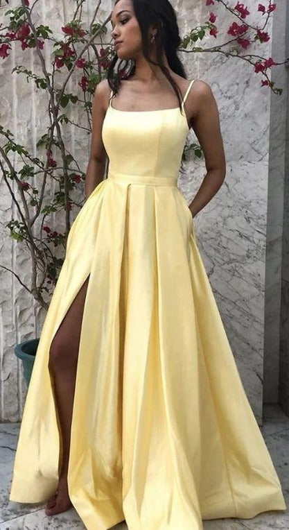 Fashion Slit Yellow Crisscross Back Prom Dress - daisystyledress