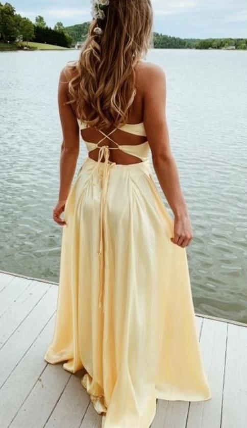 Fashion Slit Yellow Crisscross Back Prom Dress - daisystyledress