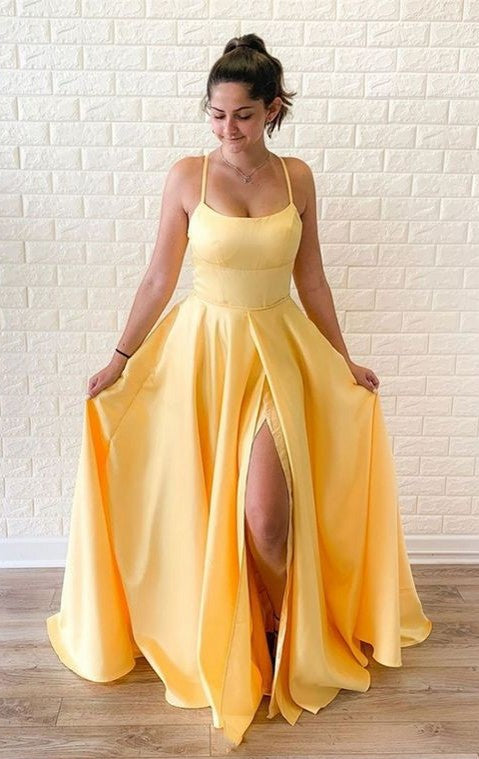 Spaghetti Straps Yellow Slit Prom Dress - daisystyledress