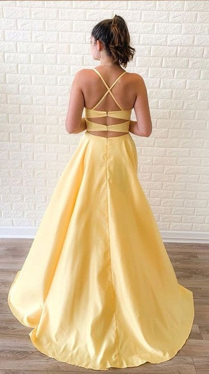 Spaghetti Straps Yellow Slit Prom Dress - daisystyledress