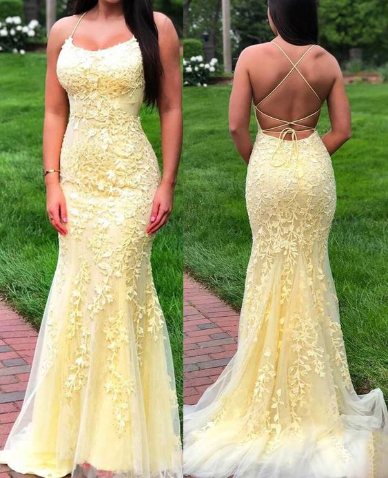 Fitted Backless Yellow Lace Prom Dress daisystyledress Fitted Backless Yellow Lace Prom Dress daisystyledress