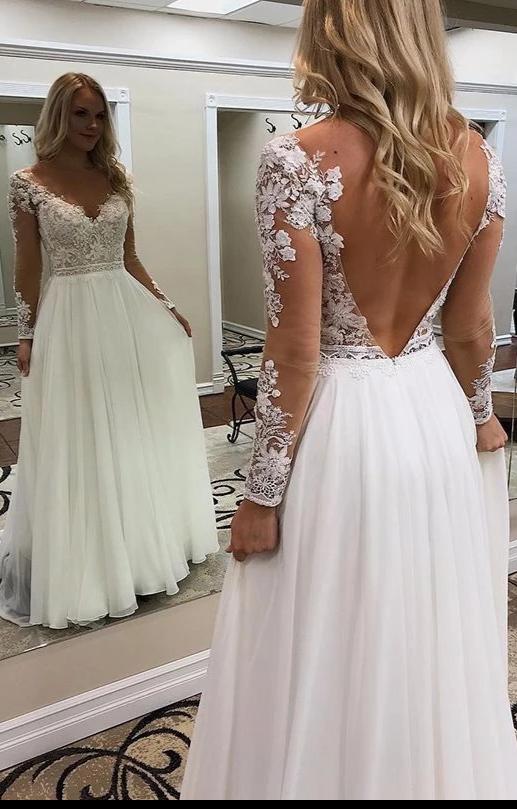 Elegant Long Sleeve Lace Sexy V-back Bohemian Wedding Dress - daisystyledress
