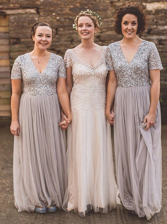 Short Sleeve Silver Sequins Bridesmaid Dress - daisystyledress