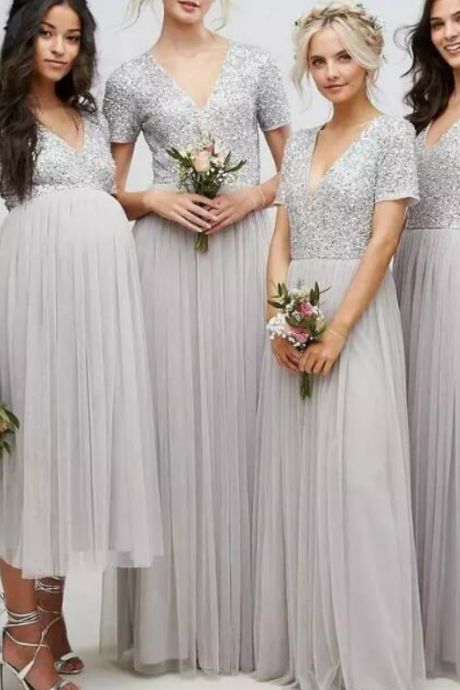 Short Sleeve Silver Sequins Bridesmaid Dress - daisystyledress
