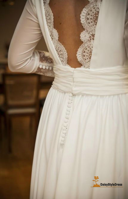 Elegant V-back Half Sleeve Wedding Dress - daisystyledress