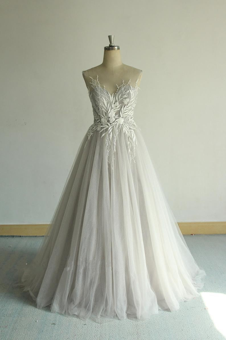 Fashion Sheer Lace and Tulle Silver Wedding Dress - daisystyledress