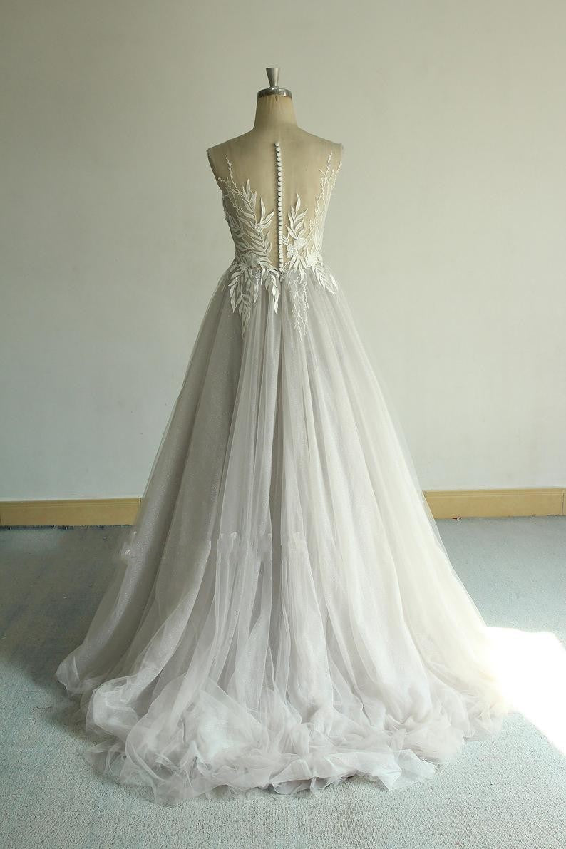 Fashion Sheer Lace and Tulle Silver Wedding Dress - daisystyledress