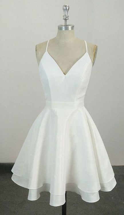 Knee Length Spaghetti Straps White Homecoming Dress - daisystyledress