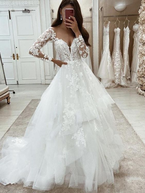 Silk Satin Organza - A-Line Long Sleeve Wedding Dress See-Through Lace –  Jinza Bridal