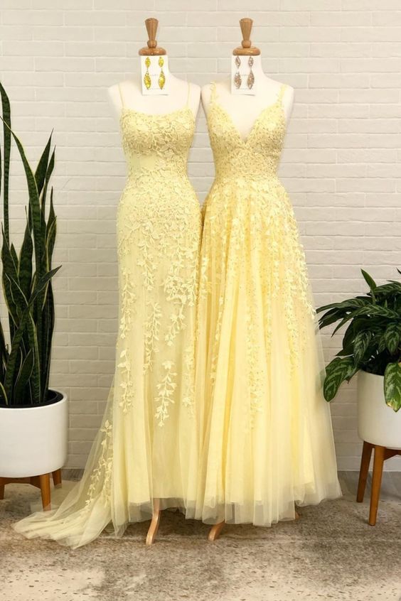 Light Yellow Tulle Straps Long Prom Gown, Lace-up Tulle Evening Dresse –  Cutedressy