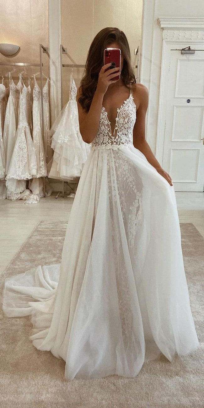 Spaghetti Straps Boho Lace Wedding Dress - daisystyledress