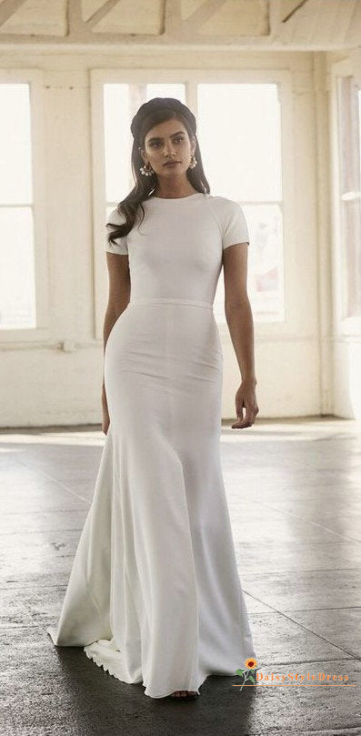 Simple Short Sleeve Sexy Low Back Wedding Dress - daisystyledress