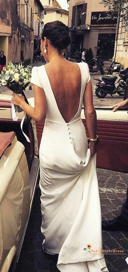 Simple Short Sleeve Sexy Low Back Wedding Dress - daisystyledress