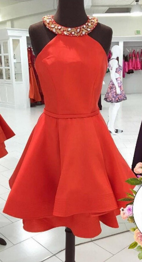 Knee Length Beaded Halter Neckline Red Homecoming Dress - daisystyledress