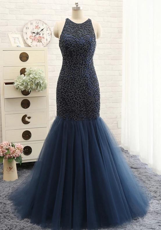 Mermaid Beaded Navy Blue Prom Dress - daisystyledress