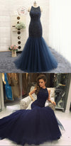 Mermaid Beaded Navy Blue Prom Dress - daisystyledress