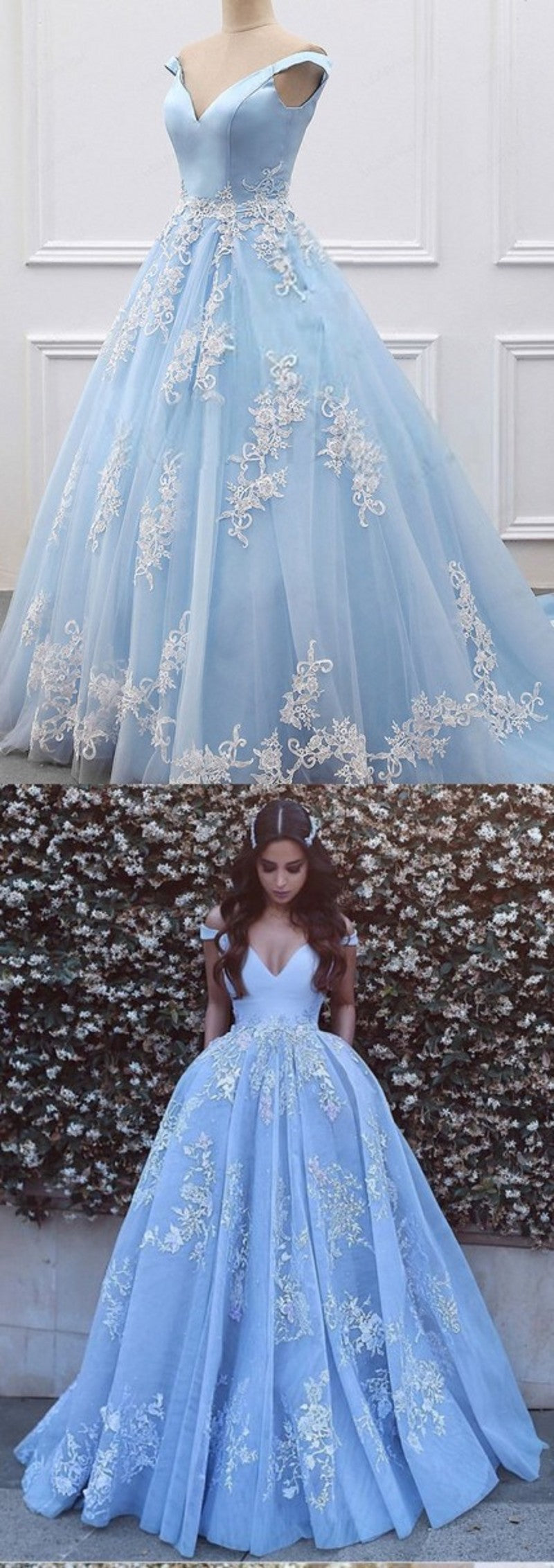 Ball Gown Off Shoulder Sleeve Sky Blue Prom Dress - daisystyledress