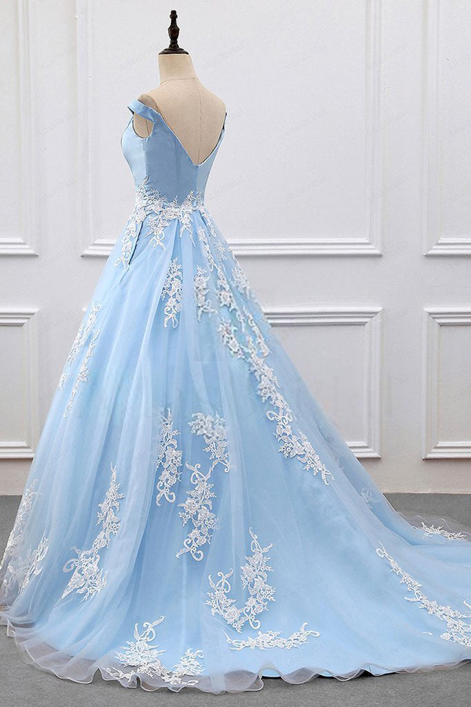 Ball Gown Off Shoulder Sleeve Sky Blue Prom Dress - daisystyledress