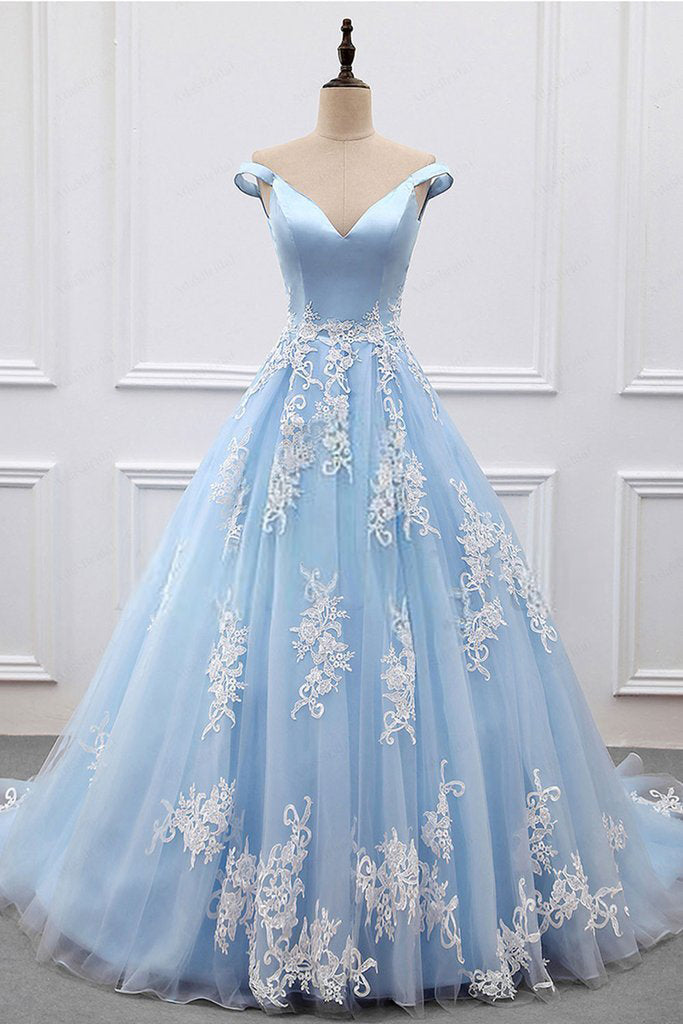 Ball Gown Off Shoulder Sleeve Sky Blue Prom Dress - daisystyledress