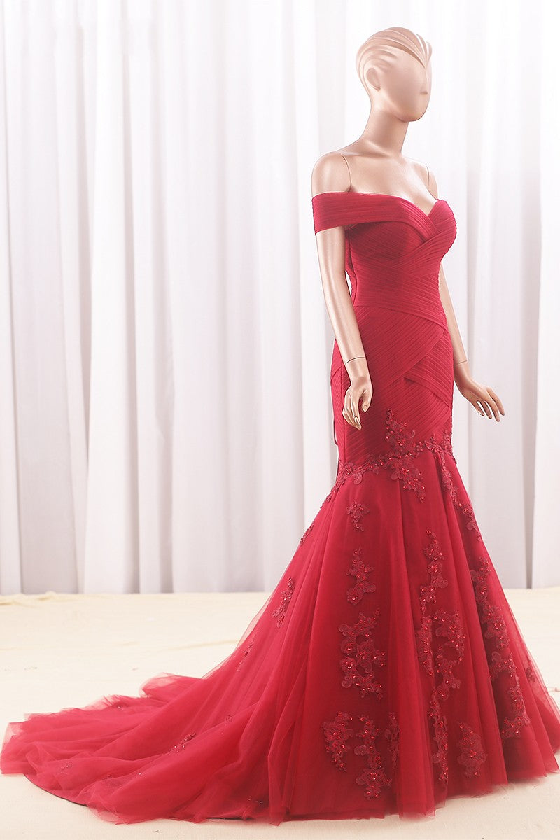 Mermaid Off Shoulder Sleeve Red Evening Dress - daisystyledress