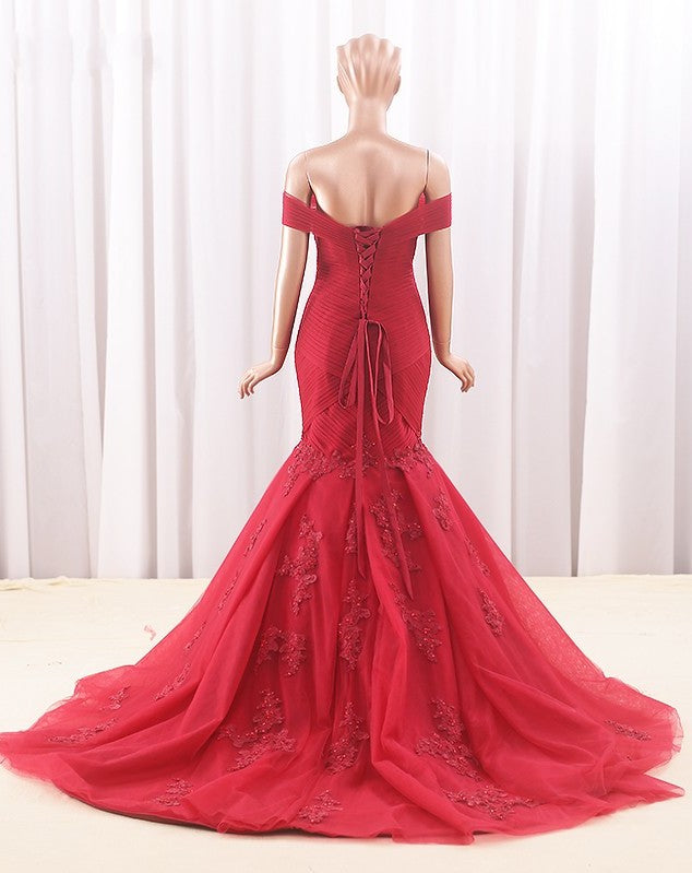 Mermaid Off Shoulder Sleeve Red Evening Dress - daisystyledress