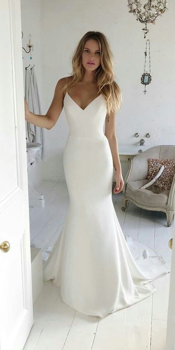 Mermaid Spaghetti Straps V-neck Open Back Wedding Dress - daisystyledress