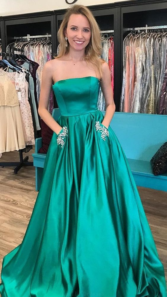 A line Strapless Green Prom Dress with Pocket – daisystyledress