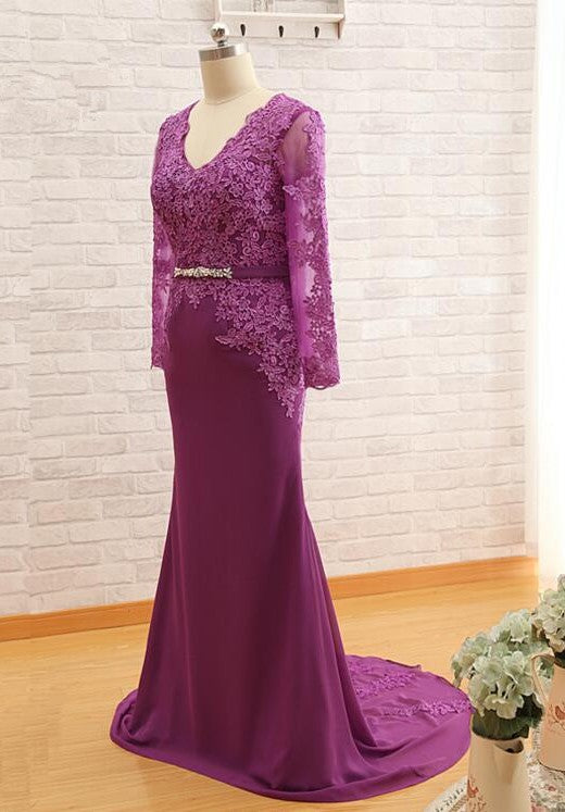 Mermaid Long Sleeve  Lace Purple Evening Dress - daisystyledress