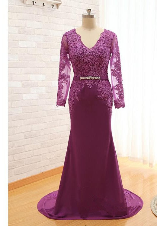Mermaid Long Sleeve  Lace Purple Evening Dress - daisystyledress