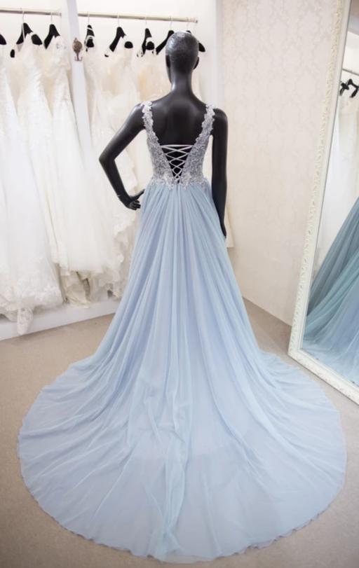 A line V-back Light Blue Evening Dress - daisystyledress
