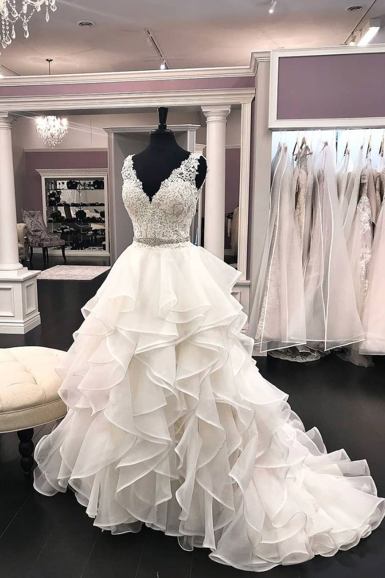 Ball Gown V-neckline Ivory Organza Wedding Dress - daisystyledress