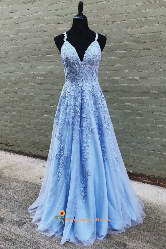 A line Long Light Blue Lace Prom Dress – daisystyledress