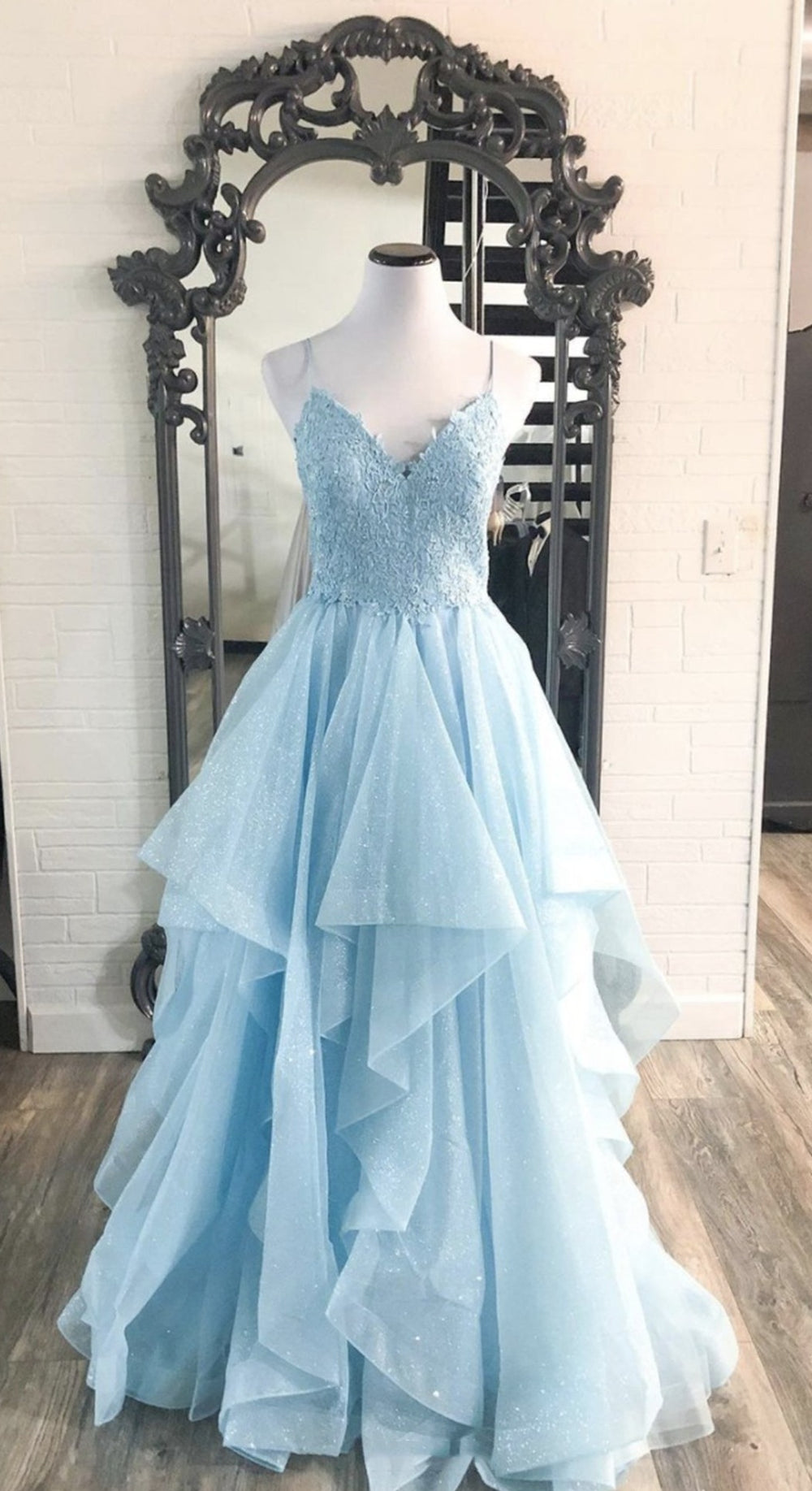 Tiered Skirt Sparkle Sky Blue Prom Dress daisystyledress Tiered Skirt Sparkle Sky Blue Prom Dress daisystyledress