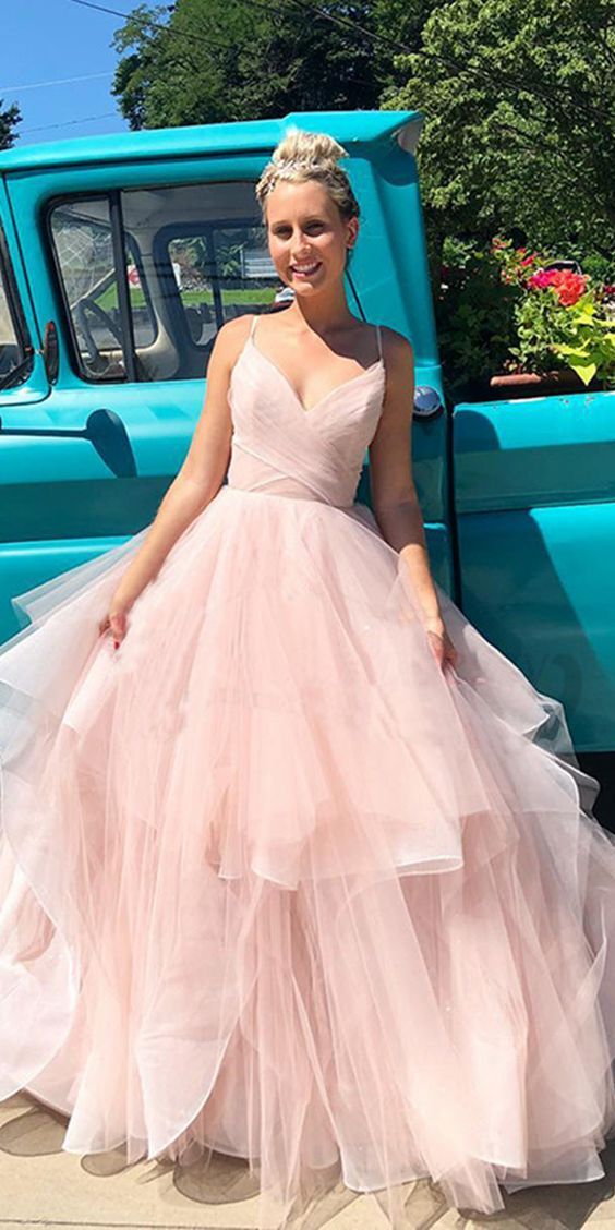 Ball Gown Blush Pink Tiered Skirt Prom Dress