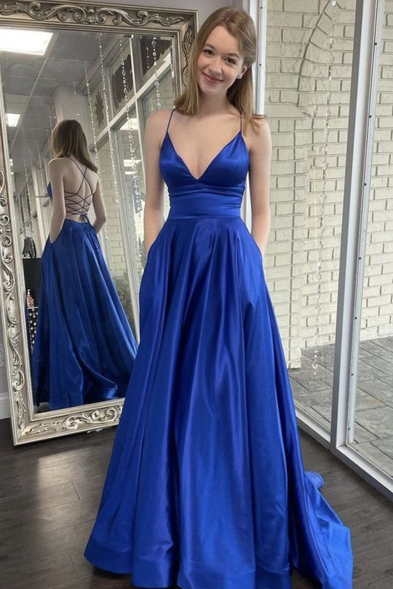 Criss-Cross Back Royal Blue Prom Dress With Pocket