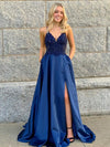 Fashion Criss-Cross Back Navy Blue Slit Prom Dress
