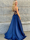 Fashion Criss-Cross Back Navy Blue Slit Prom Dress