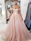 Off Shoulder Sleeve Ball Gown Pearl Pink Prom Dress
