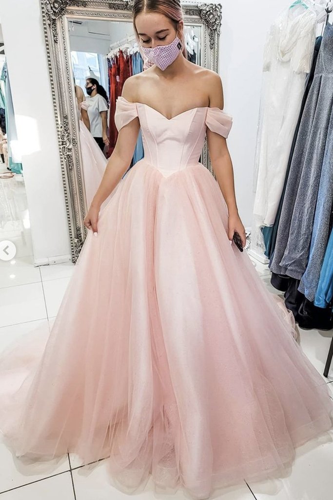 Off Shoulder Sleeve Ball Gown Pearl Pink Prom Dress