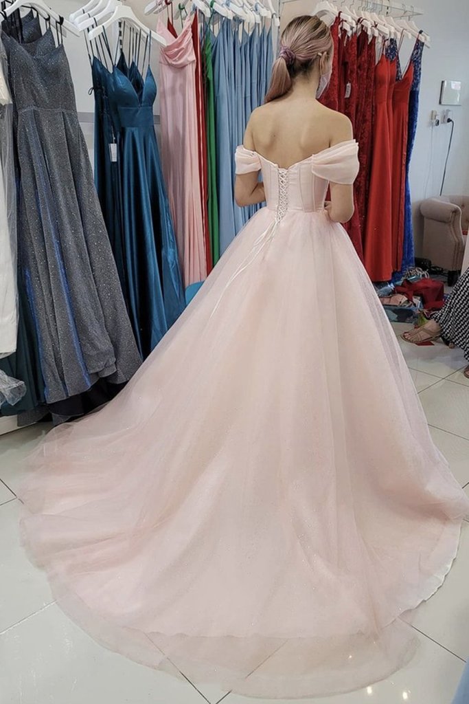 Off Shoulder Sleeve Ball Gown Pearl Pink Prom Dress