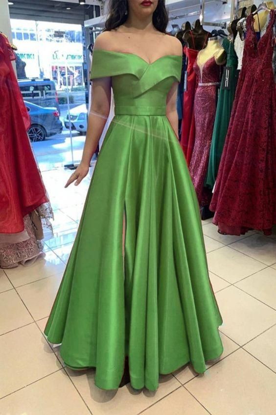 A line Off Shoulder Sleeve Apple Green Prom Dress