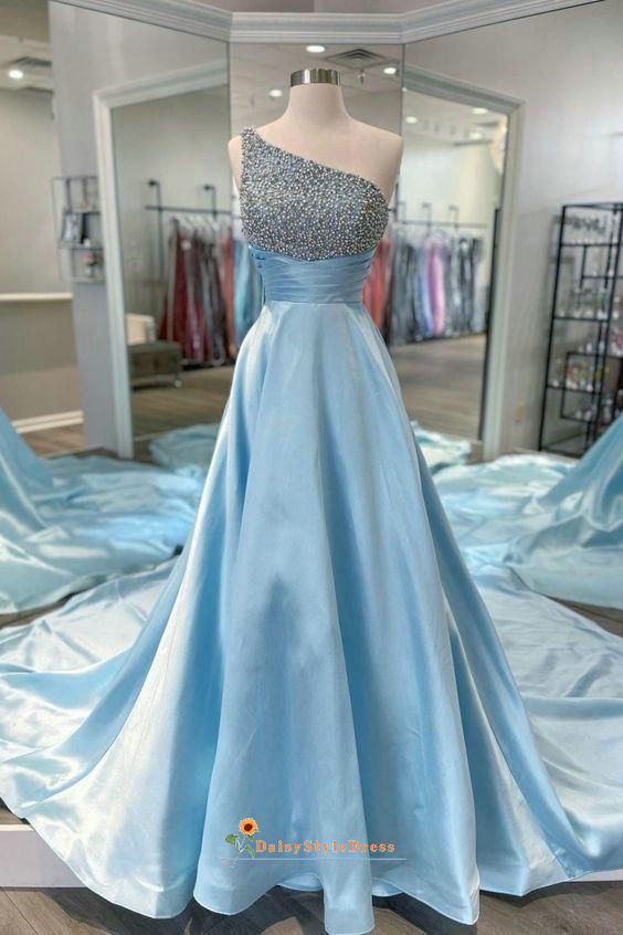 one shoulder blue pageant dress