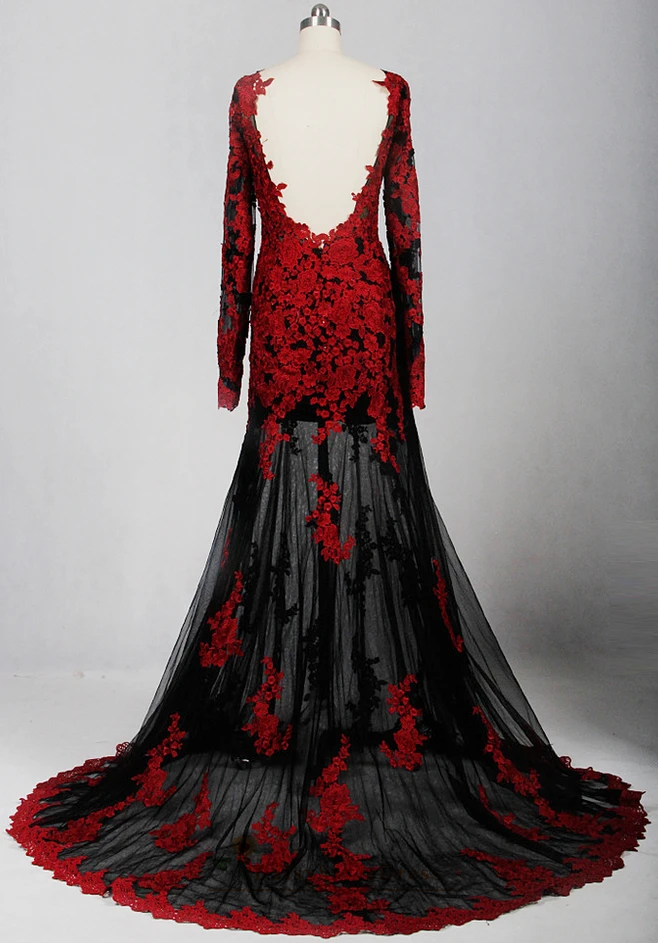 Mermaid Long Sleeve Black and Red Wedding Dress daisystyledress Mermaid Long Sleeve Black and Red Wedding Dress daisystyledress