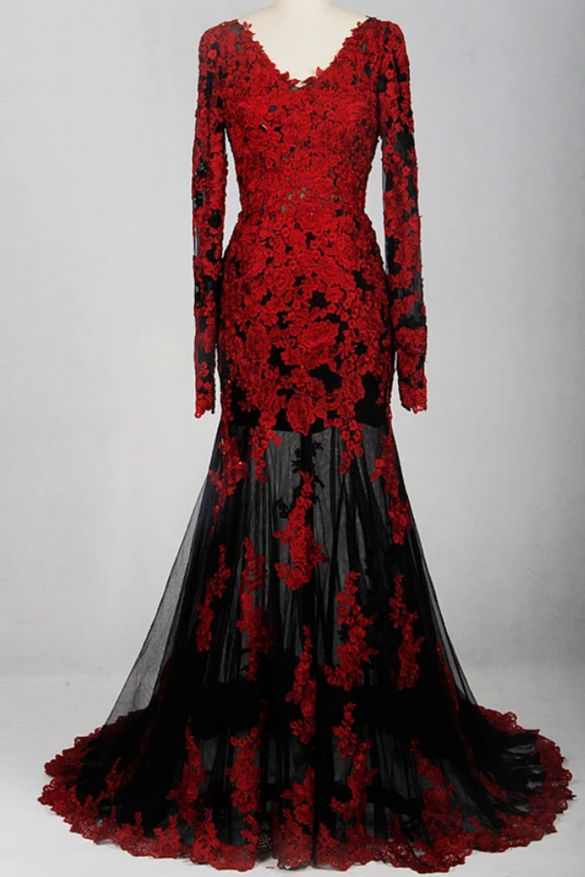 Mermaid Long Sleeve Black and Red Wedding Dress daisystyledress Mermaid Long Sleeve Black and Red Wedding Dress daisystyledress