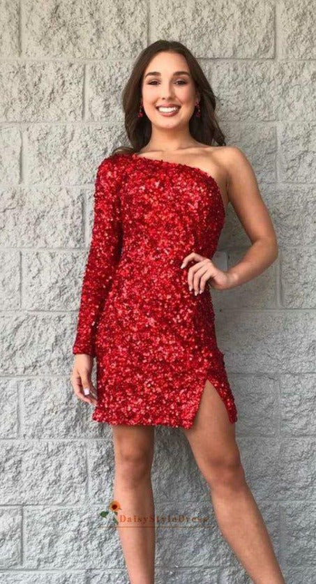 Fitted Single Sleeve Red Sequins Homecoming Dress – daisystyledress