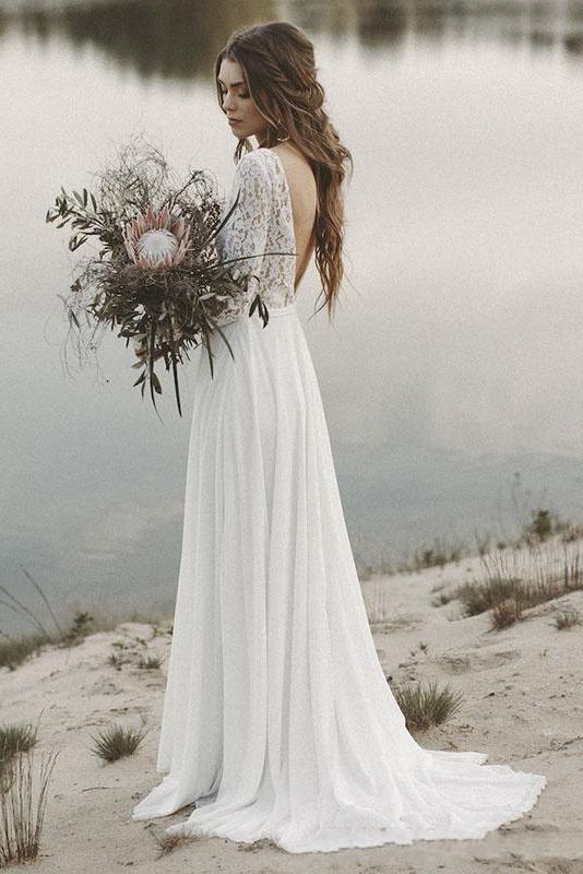 A line Long Sleeve V-back Boho Wedding Dress – daisystyledress