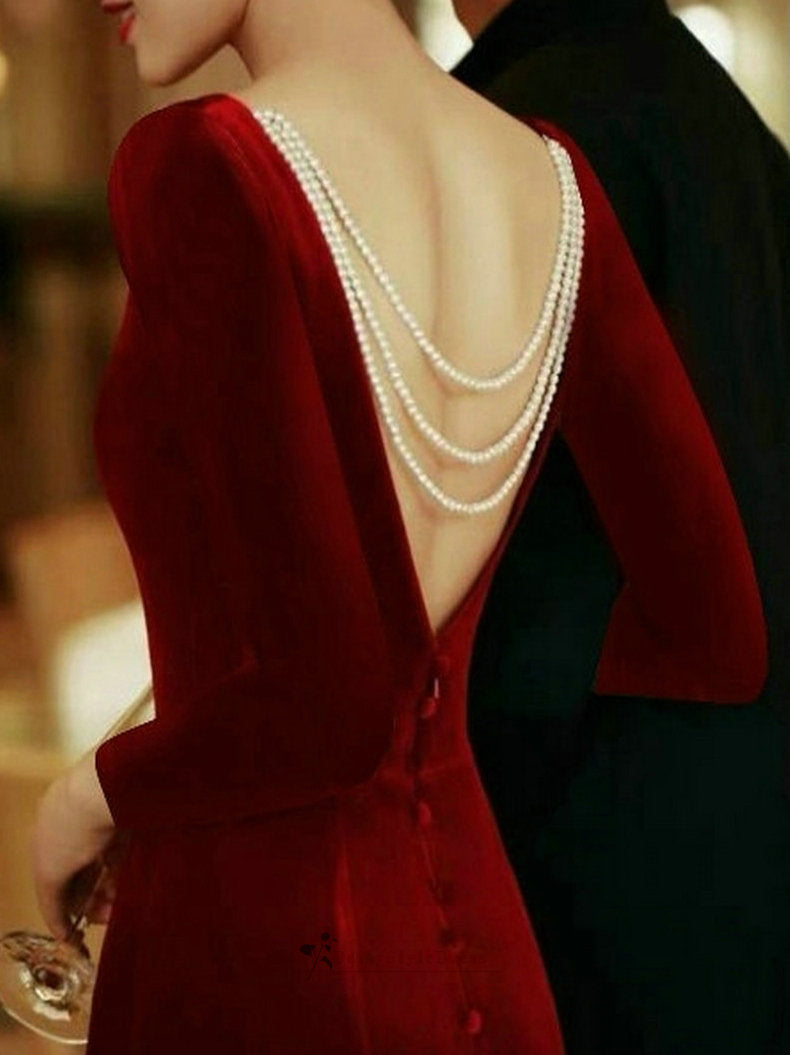 Vintage Tea Length Long Sleeve Velvet Deep Red Wedding Party Dress daisystyledress Vintage Tea Length Long Sleeve Velvet Deep Red Wedding Party Dress daisystyledress