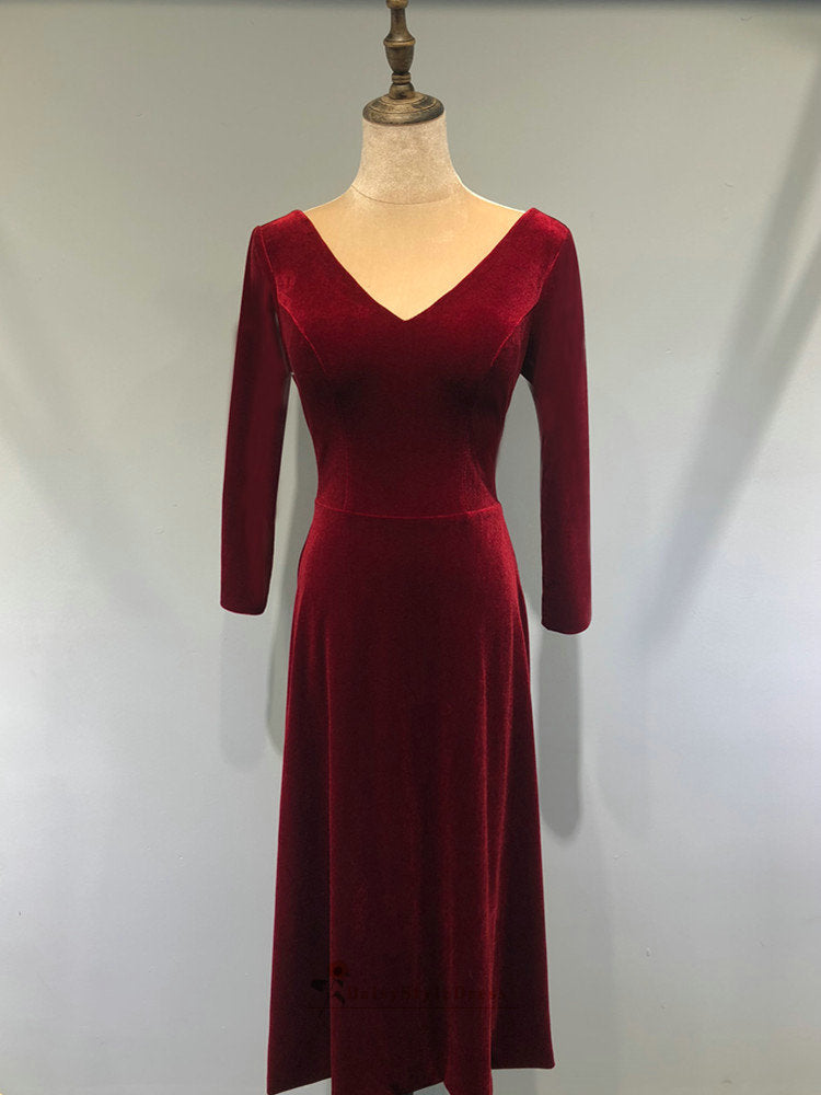 Vintage Tea Length Long Sleeve Velvet Deep Red Wedding Party Dress daisystyledress Vintage Tea Length Long Sleeve Velvet Deep Red Wedding Party Dress daisystyledress