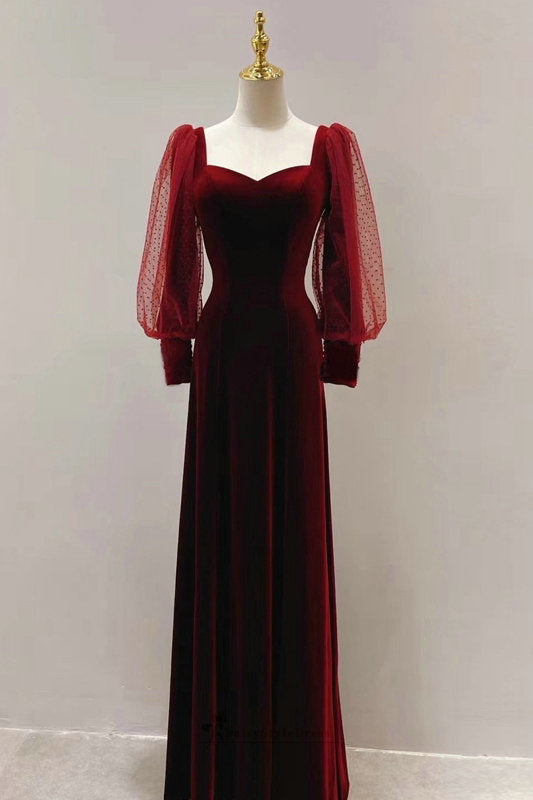 Modest Long Sleeve Deep Red Velvet Evening Dress – daisystyledress
