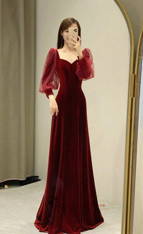 Modest Long Sleeve Deep Red Velvet Evening Dress